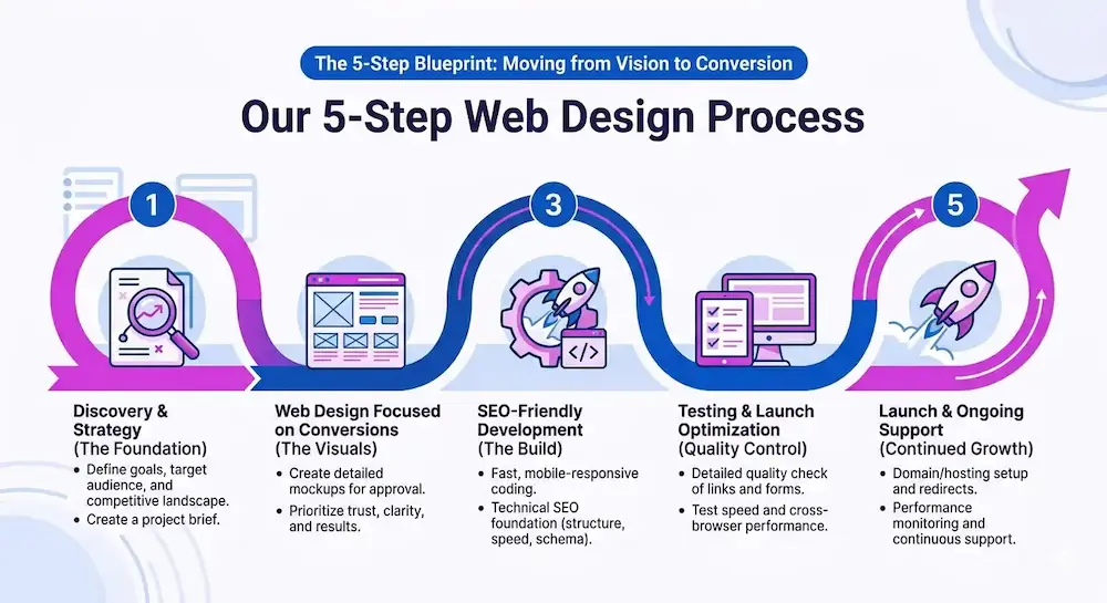 Infographic showing Unexa's 5-step web design process: discovery, design, development, testing, and launch