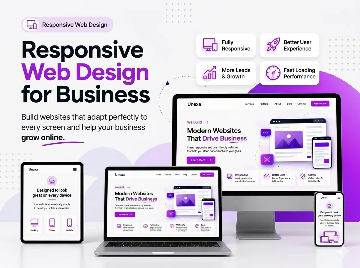 Responsive web design for business featured image showing modern website mockups across desktop, tablet, and mobile devices with purple branding and mobile-friendly business web design layout.
